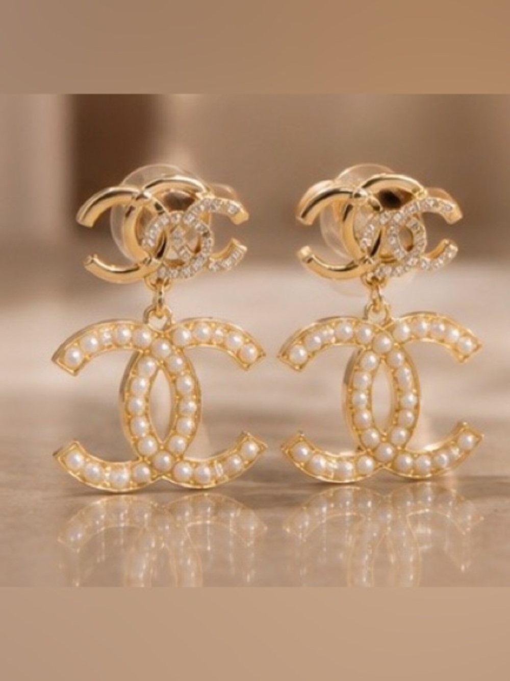 Gold Tone Pearl Rhinestone Logo Style Statement Dangle Earrings